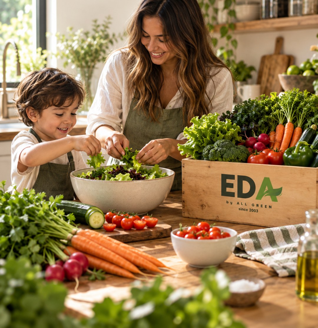 Familia preparando verduras EDA en casa